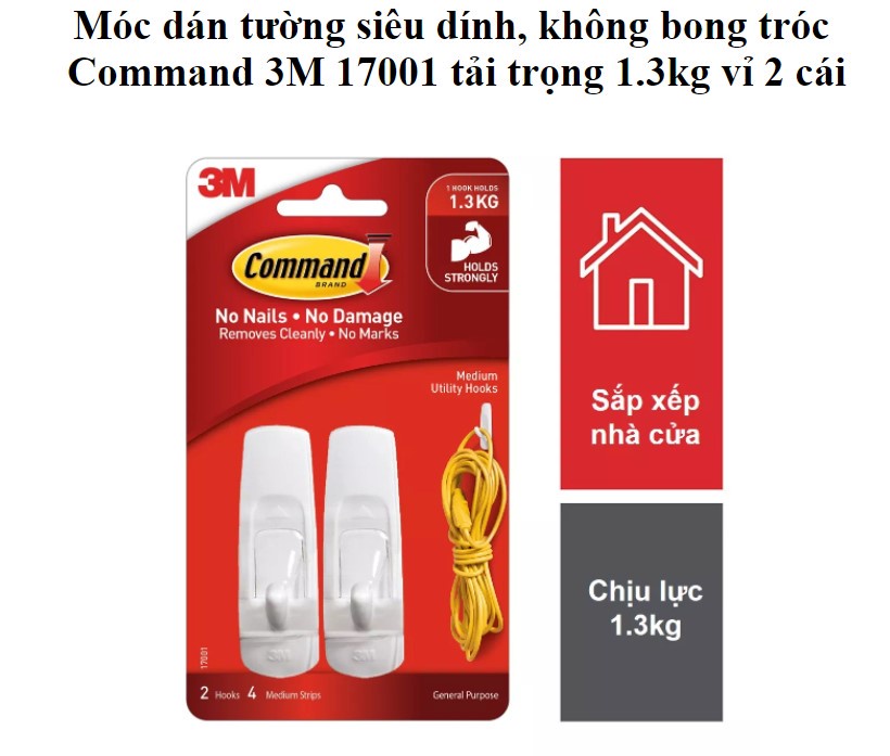 Mô tả Móc dán tường chịu lực 1.3kg 3M™ Command™, 17001, độ bền cao, bám cực chắc, chịu lực 1.3kg, vỉ 2 cái - 1