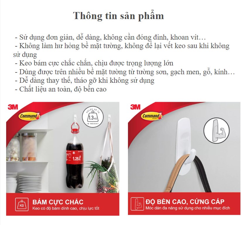 Mô tả Móc dán tường chịu lực 1.3kg 3M™ Command™, 17001, độ bền cao, bám cực chắc, chịu lực 1.3kg, vỉ 2 cái - 3