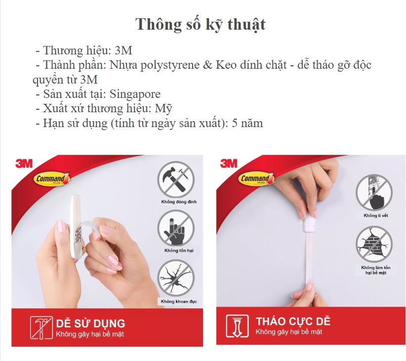 Mô tả Móc dán tường chịu lực 1.3kg 3M™ Command™, 17001, độ bền cao, bám cực chắc, chịu lực 1.3kg, vỉ 2 cái - 4
