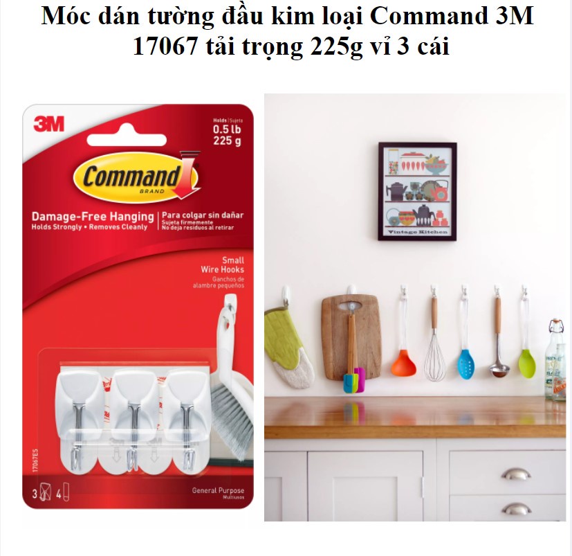 Mô tả Móc dán tường đầu kim loại chịu lực 225g 3M™ Command™, 17067, đầu kim loại, bám cực chắc, chịu lực 225g, vỉ 3 cái - 1