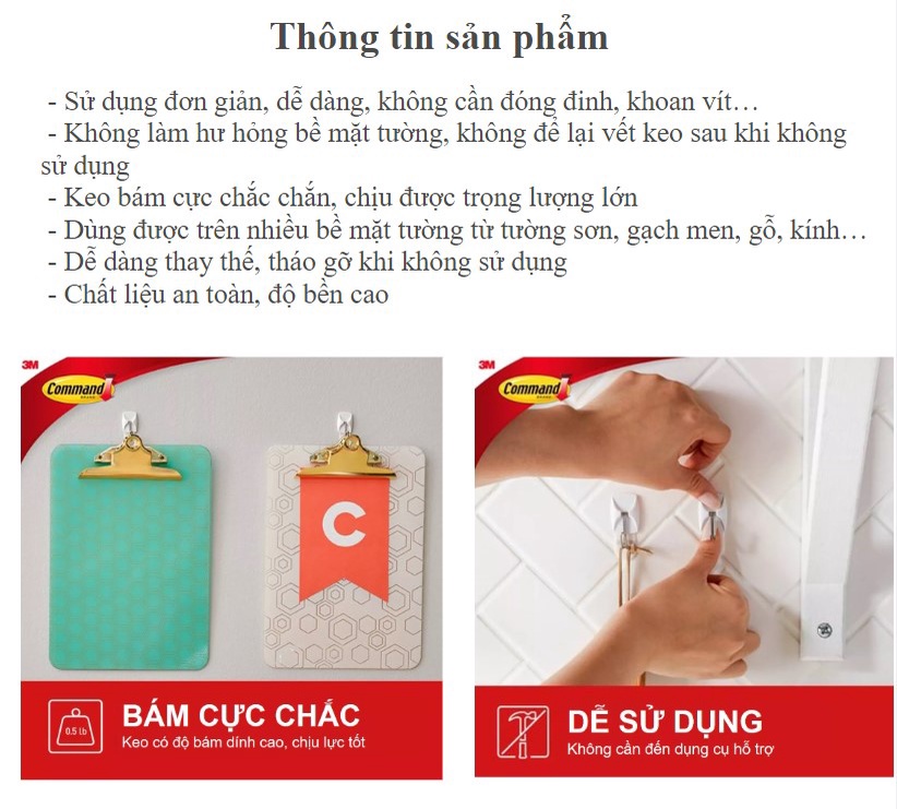 Mô tả Móc dán tường đầu kim loại chịu lực 225g 3M™ Command™, 17067, đầu kim loại, bám cực chắc, chịu lực 225g, vỉ 3 cái - 2