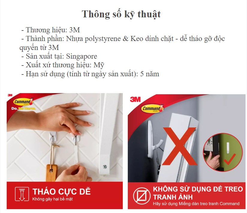Mô tả Móc dán tường đầu kim loại chịu lực 225g 3M™ Command™, 17067, đầu kim loại, bám cực chắc, chịu lực 225g, vỉ 3 cái - 3