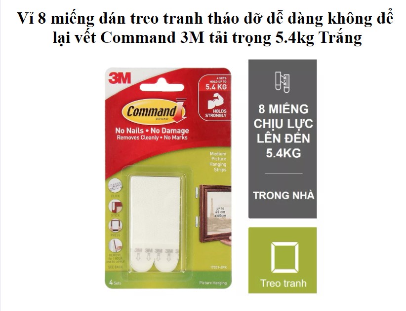 Mô tả Bộ 8 Miếng dán treo tranh 3M™ Command™, 17206, độ bền cao, bám cực chắc, tải trọng 5.4kg, Dùng treo tranh - 1