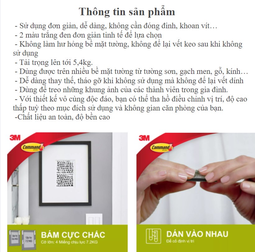 Mô tả Bộ 8 Miếng dán treo tranh 3M™ Command™, 17206, độ bền cao, bám cực chắc, tải trọng 5.4kg, Dùng treo tranh - 3