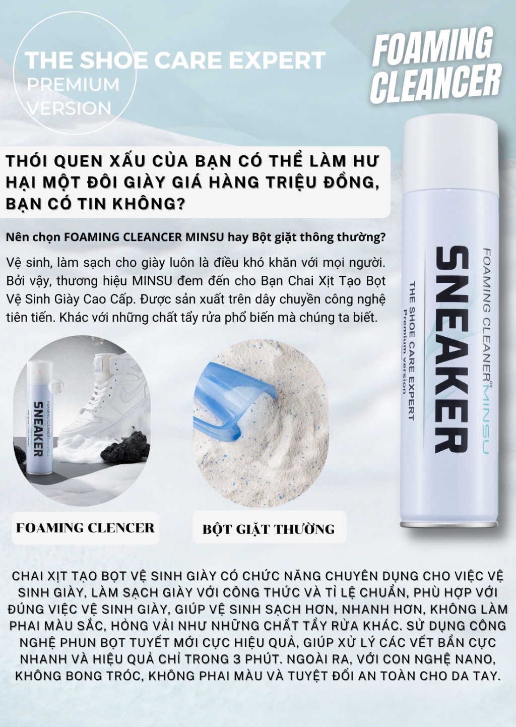 Mô tả Chai Xịt Vệ Sinh Giày Sneaker Bọt Tuyết NANO MINSU M5955 Giặt Khô Siêu Tốc Bảo Vệ Giày Khỏi Bị Ố Vàng, Phai Màu - 7