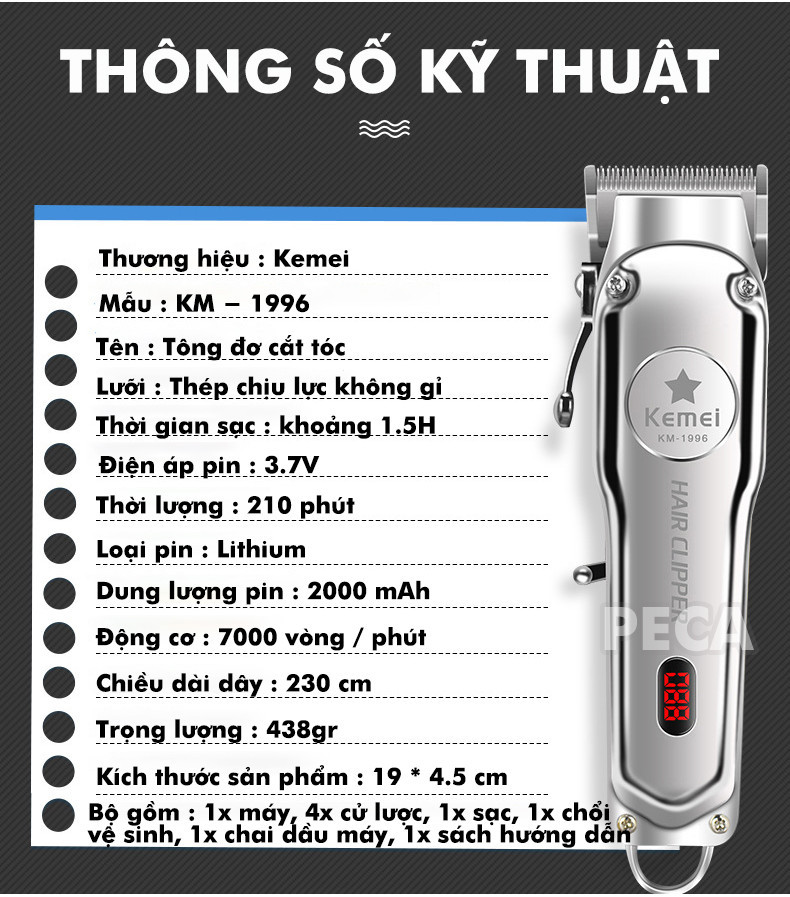 Mô tả Tông đơ cắt tóc chuyên nghiệp màn hình LCD KEMEI KM-1996 hợp kim nhôm hàng không cao cấp lưỡi thép không gỉ pin trâu 3 - 11