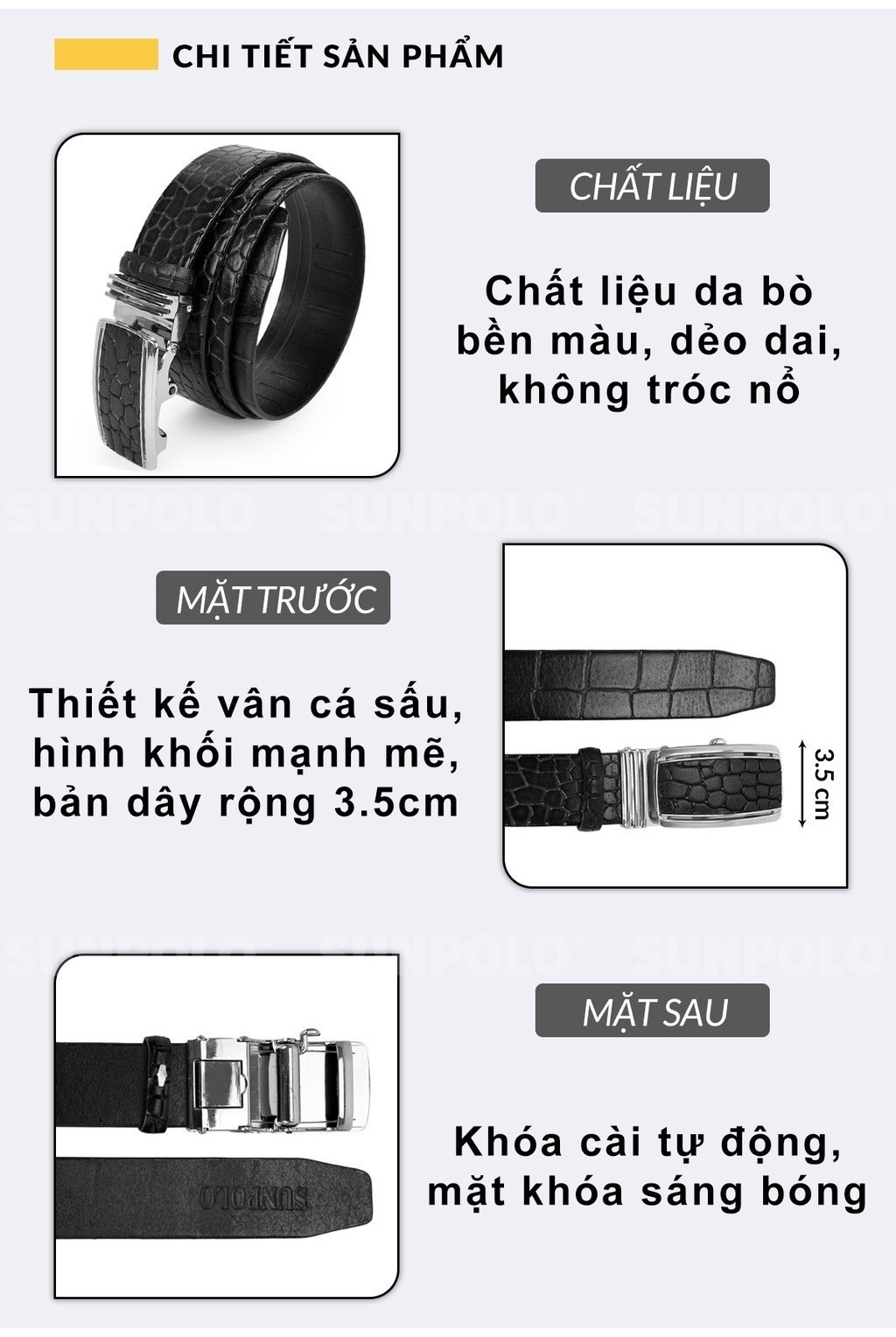 Mô tả Thắt lưng nam da bò SUNPOLO khóa cài tự động BSAL50 - 2