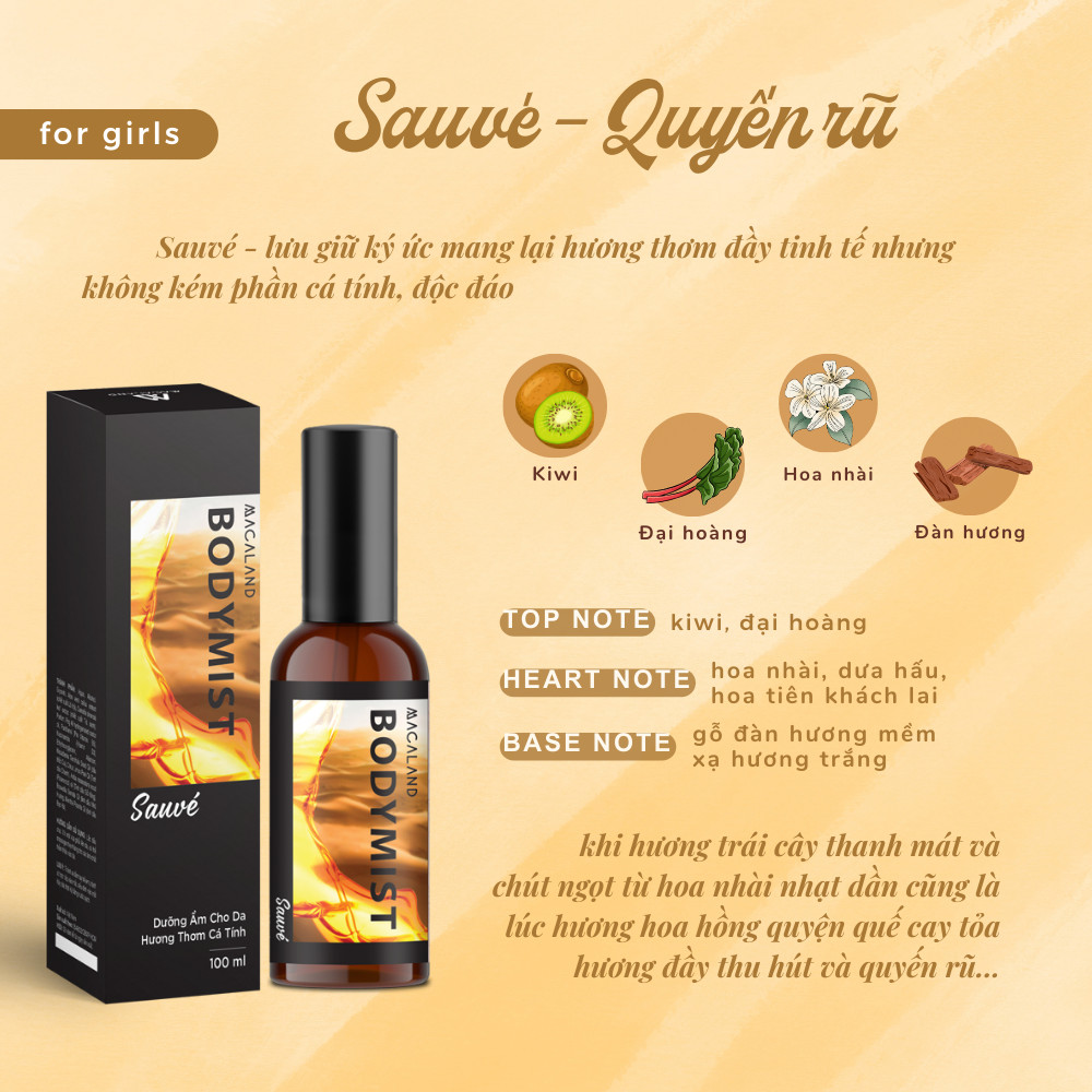 Mô tả Body Mist xịt thơm toàn thân MACALAND 20ml/35ml/100ml xịt hương nước hoa kết hợp dưỡng ẩm cho da - 8