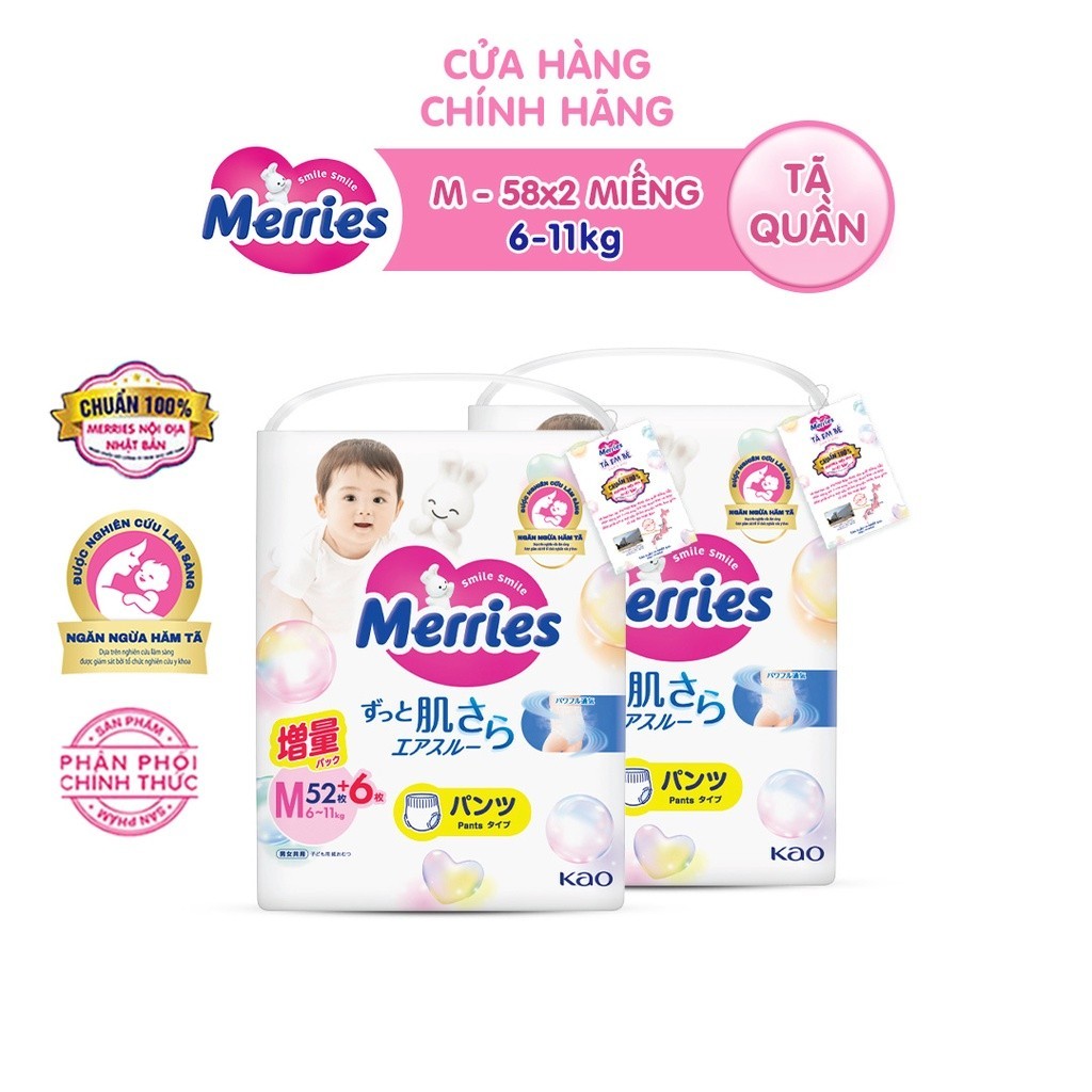 Mô tả Thùng 2 Tã/bỉm quần Merries cộng miếng đủ size M58/L50/XL44/XXL28 - 1