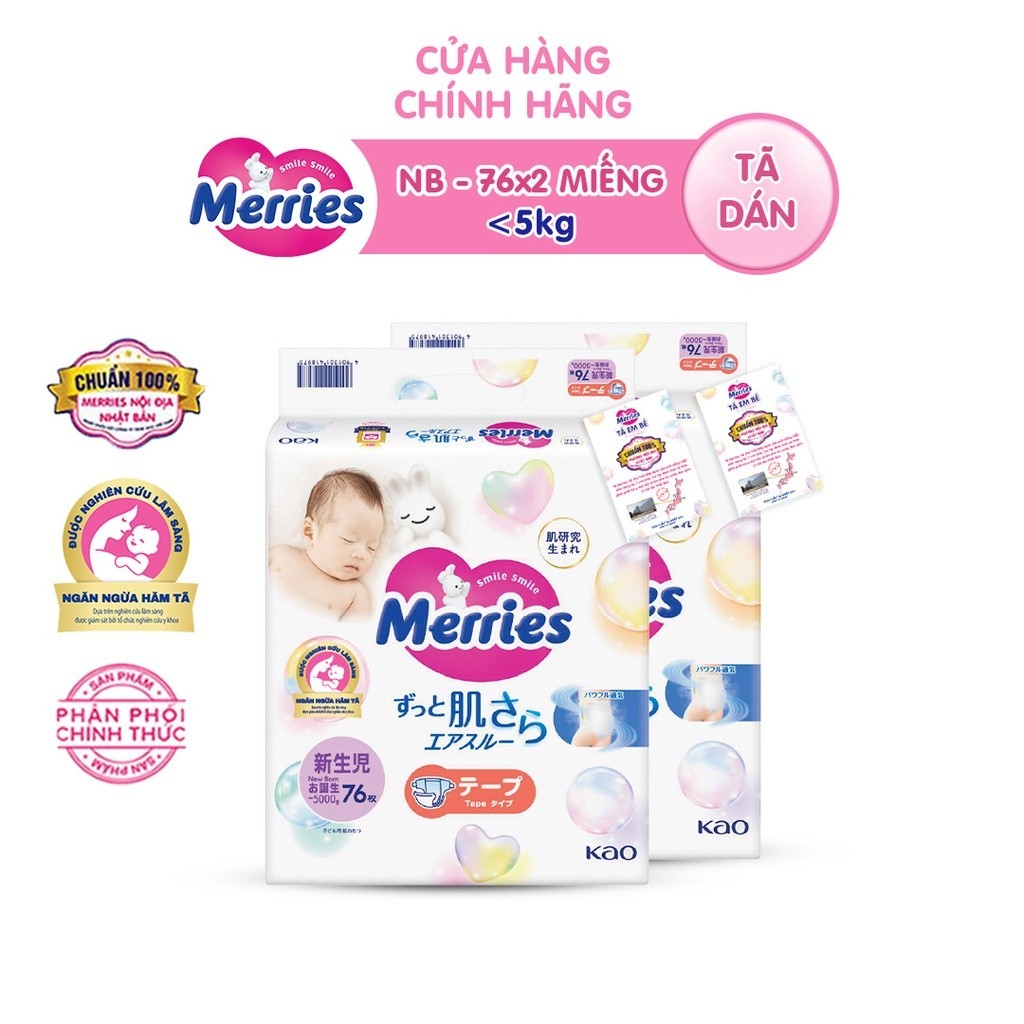 Mô tả Combo 2 Tã/bỉm dán Merries Đủ Size NB76/S70/M56/L48/XL40 - 1