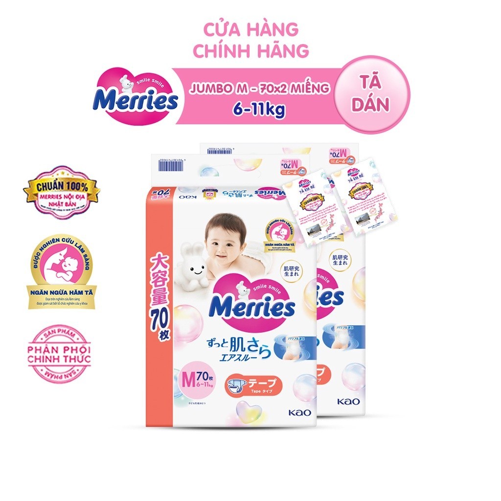 Mô tả Combo 2 Tã/bỉm dán Merries Jumbo Đủ Size M70/L60 - 1