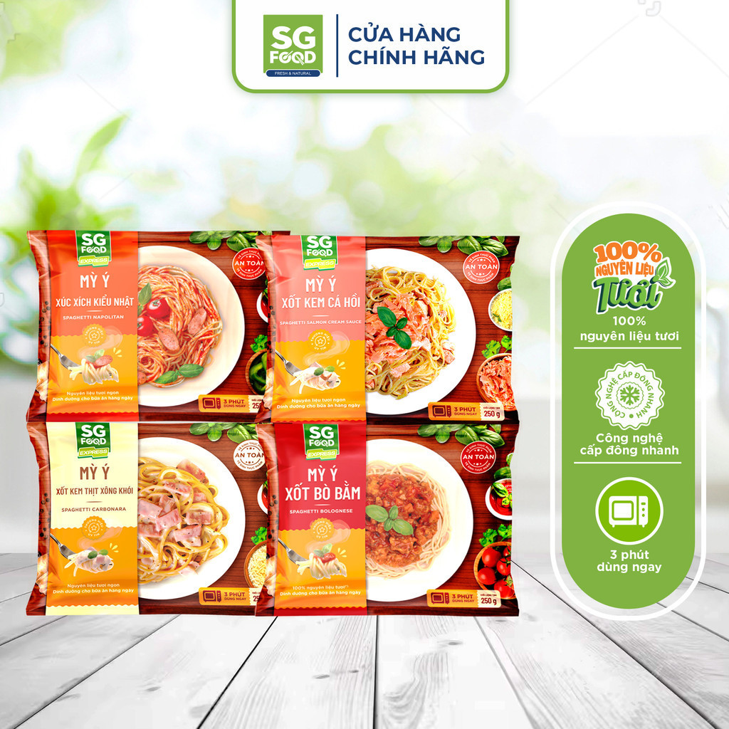 Mô tả Combo 4 Mỳ Ý SG Food 250g xốt bò bằm, xúc xích, xốt kem thịt xông khói, xốt kem cá hồi - 1