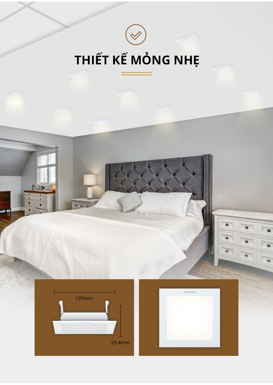 Mô tả Đèn LED âm trần Downlight Panasonic Vuông đơn sắc 9W Neo Slim, Trắng 6500K, Trung tính 4000K - 4