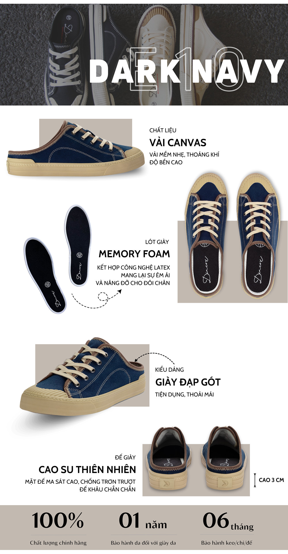 Mô tả Giày Sục Đạp Gót Mules Vải Sneaker Unisex Tăng Chiều Cao 4cm DINCOX E10 Dark Navy - 1