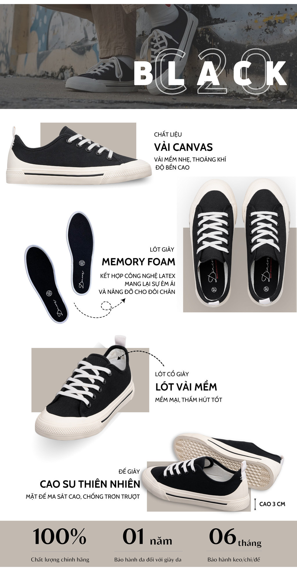 Giày Sneaker Vải Canvas Unisex DINCOX C20 Black phong cách