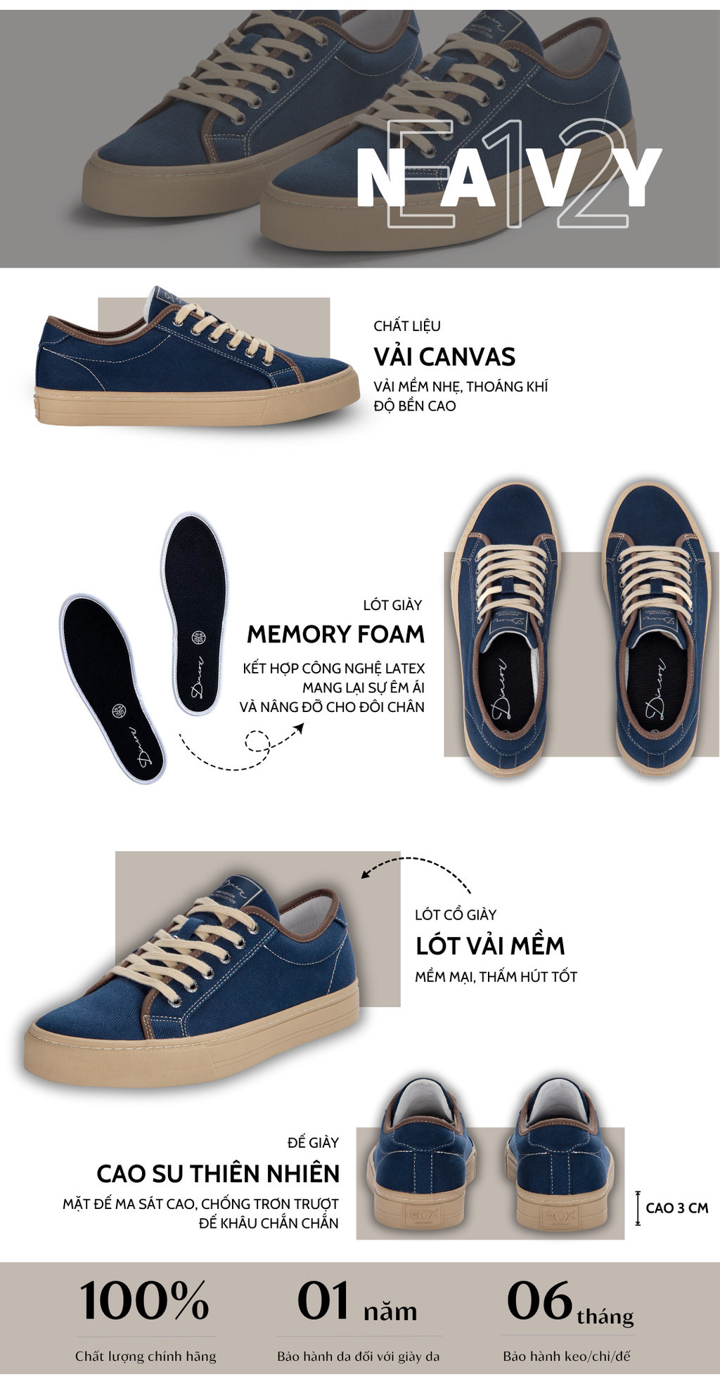 Mô tả Giày Sneaker Vải Canvas Nam Nữ E12 Dark Navy Dincox - 1