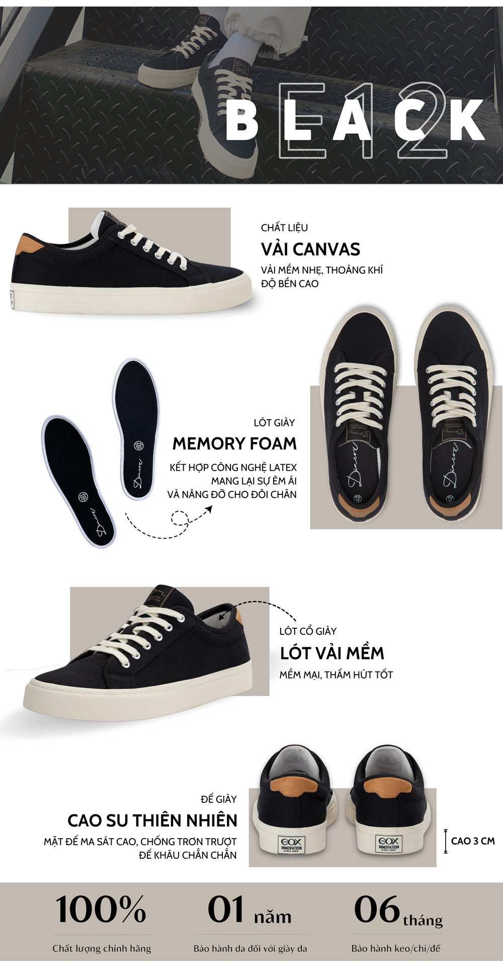 Mô tả Giày Sneaker Nam Nữ Vải Canvas DINCOX E12 Black Đơn Giản Thanh Lịch - Unisex Sneaker - 1