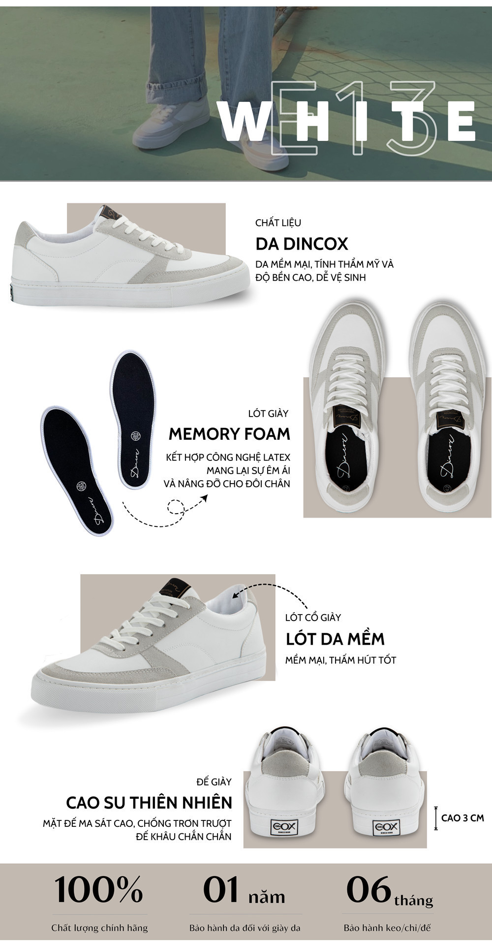 Giày Sneaker Da Nam Nữ E13 Off/White Dincox - Hình ảnh 1