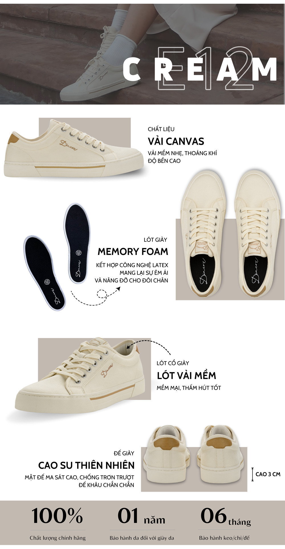 Mô tả Giày Sneaker Vải Canvas Nam Nữ E12 Cream Thời Trang Dincox - 1