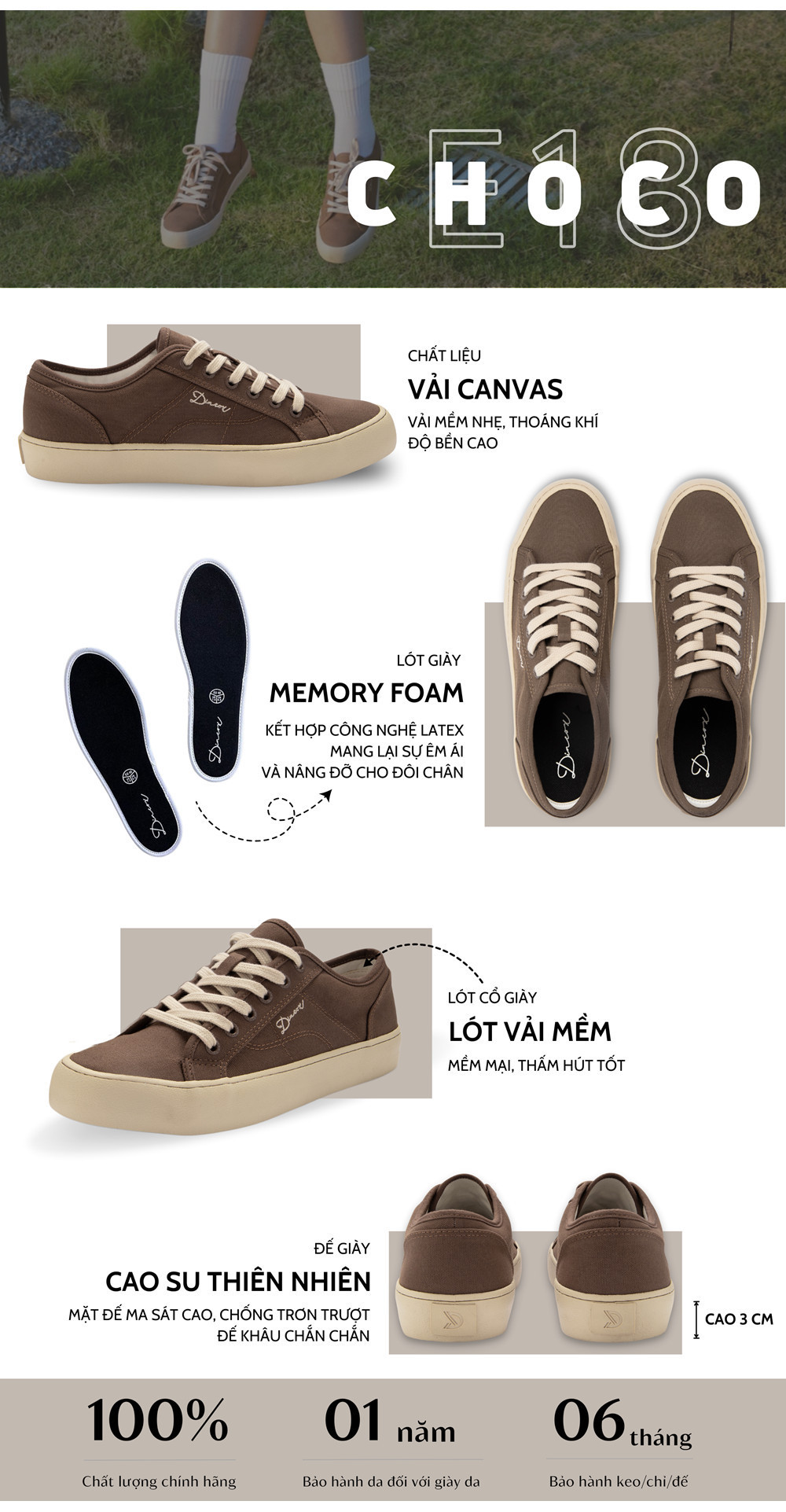 Mô tả Giày Sneaker Vải Canvas Nam Nữ E18 Chocolate Dincox - 1