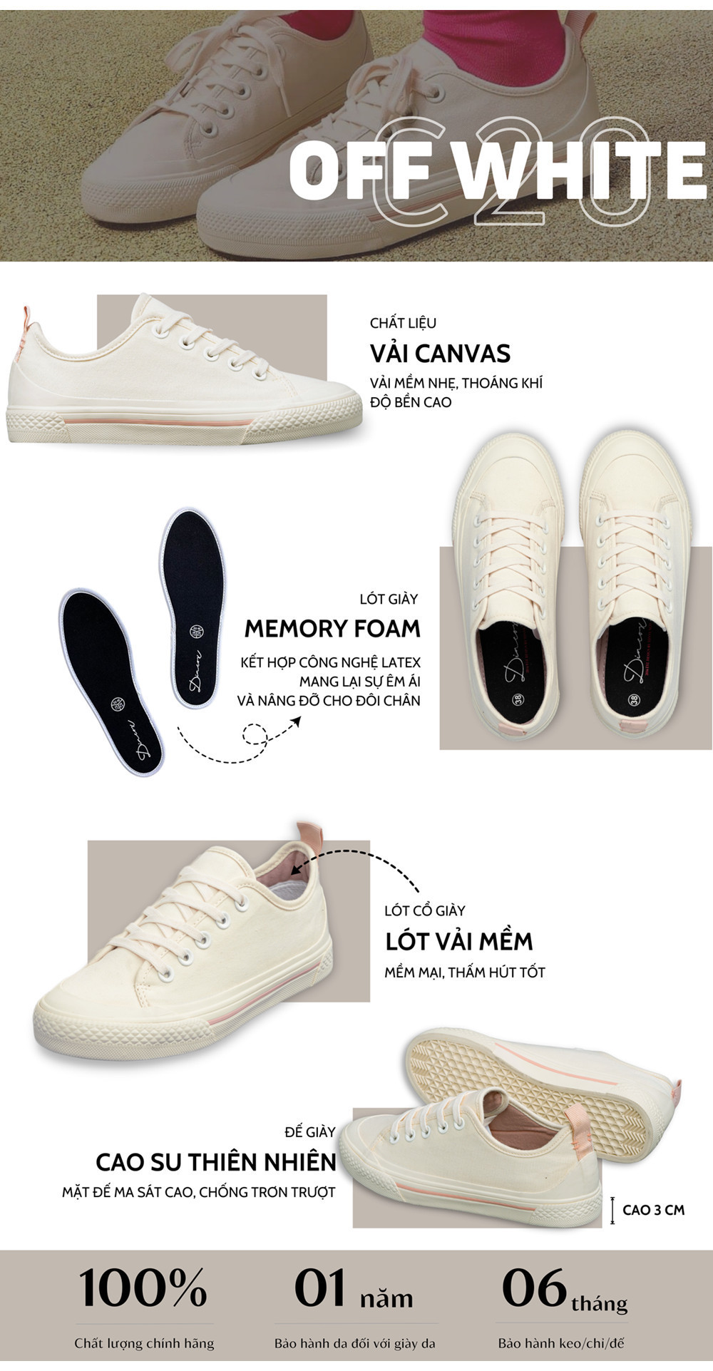 Mô tả Giày Sneaker Vải Nữ DINCOX C20 Nữ Tính Sang Trọng Off/White - 1