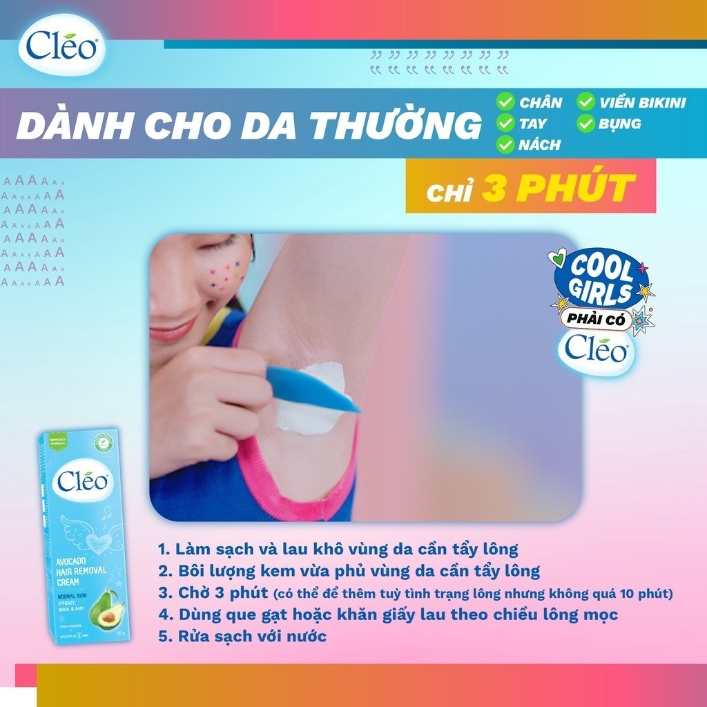 Mô tả Combo 02 hộp Kem Tẩy Lông Cho Da Thường Cleo Avocado Hair Removal Cream Normal Skin 50g/hộp tẩy lông chân, tay, nách,... - 3