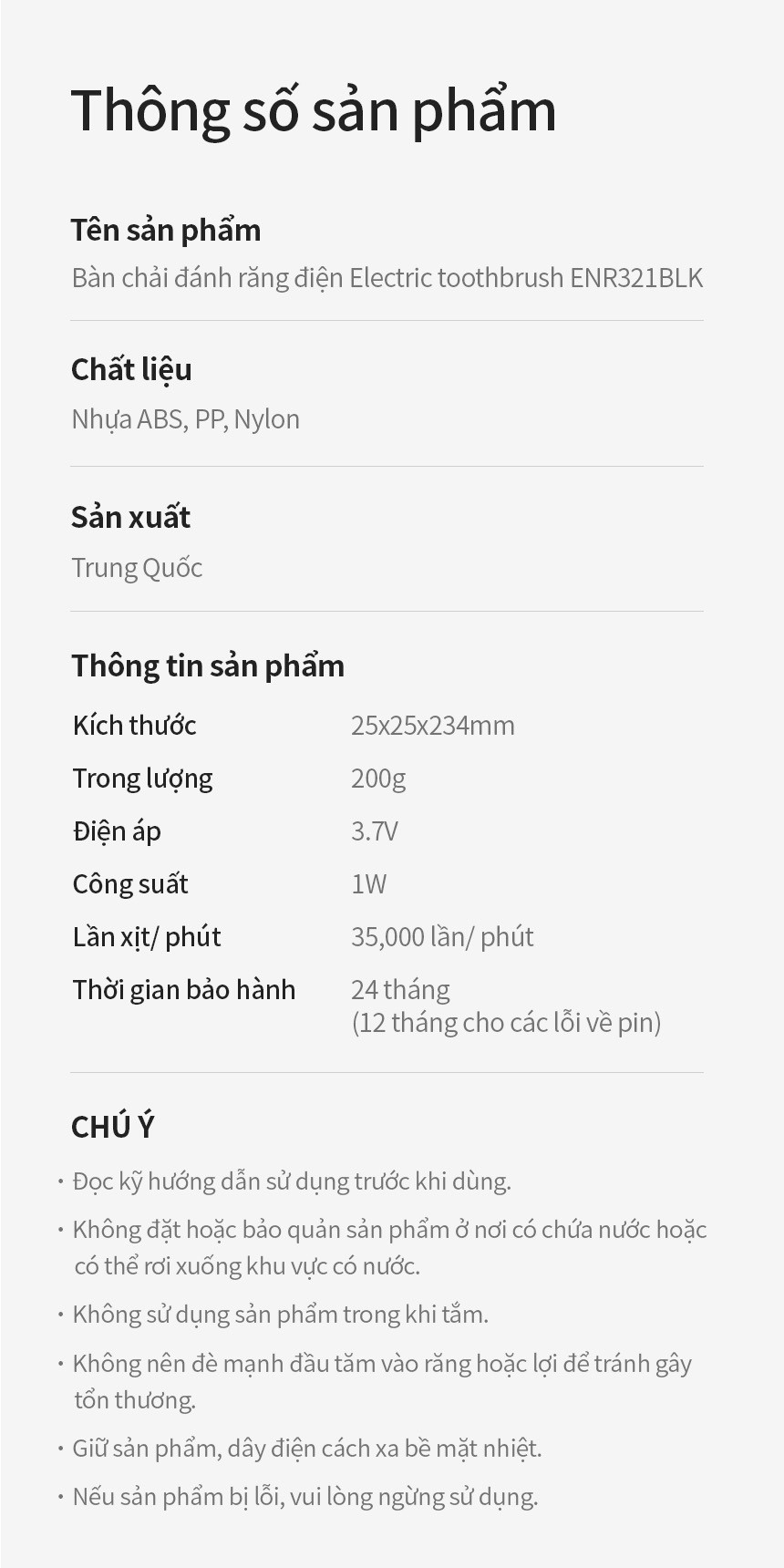 Thông số kỹ thuật bàn chải điện Lock&Lock ENR321BLK