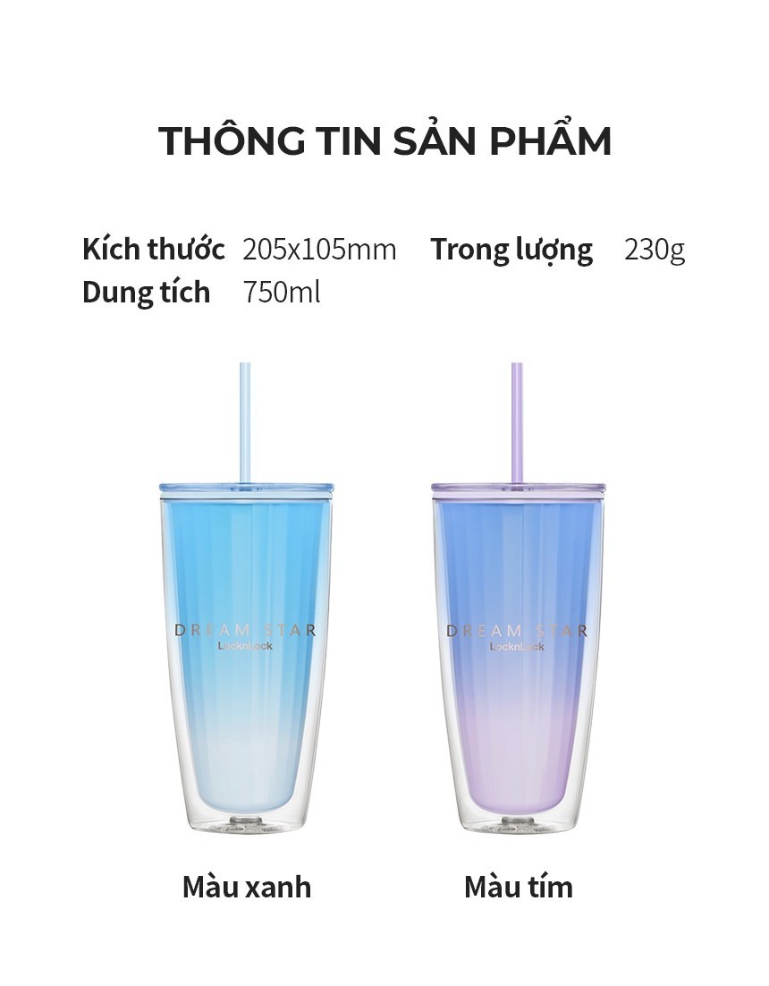 Mô tả Ly nhựa 2 lớp Lock&Lock kèm ống hút Dream star Double wall cold cup 750ml HAP522 - 2