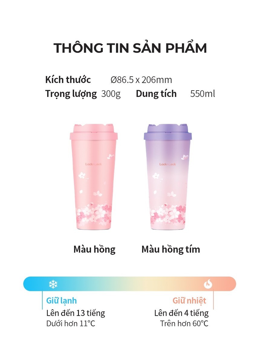 Bình giữ nhiệt Lock&Lock Peach Blossom 550ml tím