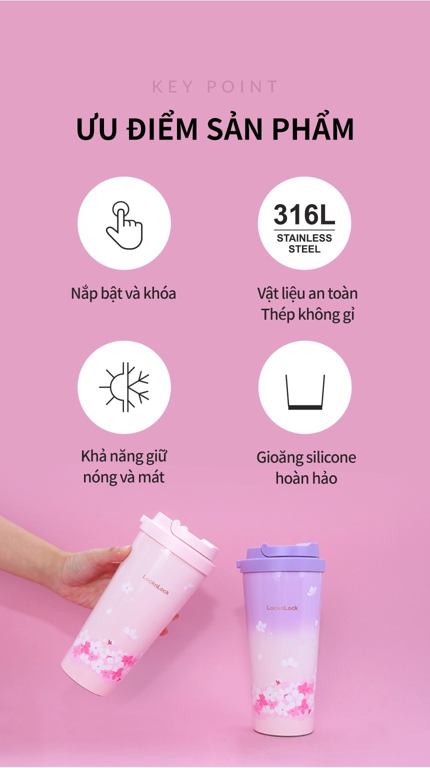 Bình giữ nhiệt Lock&Lock Peach Blossom nắp một chạm