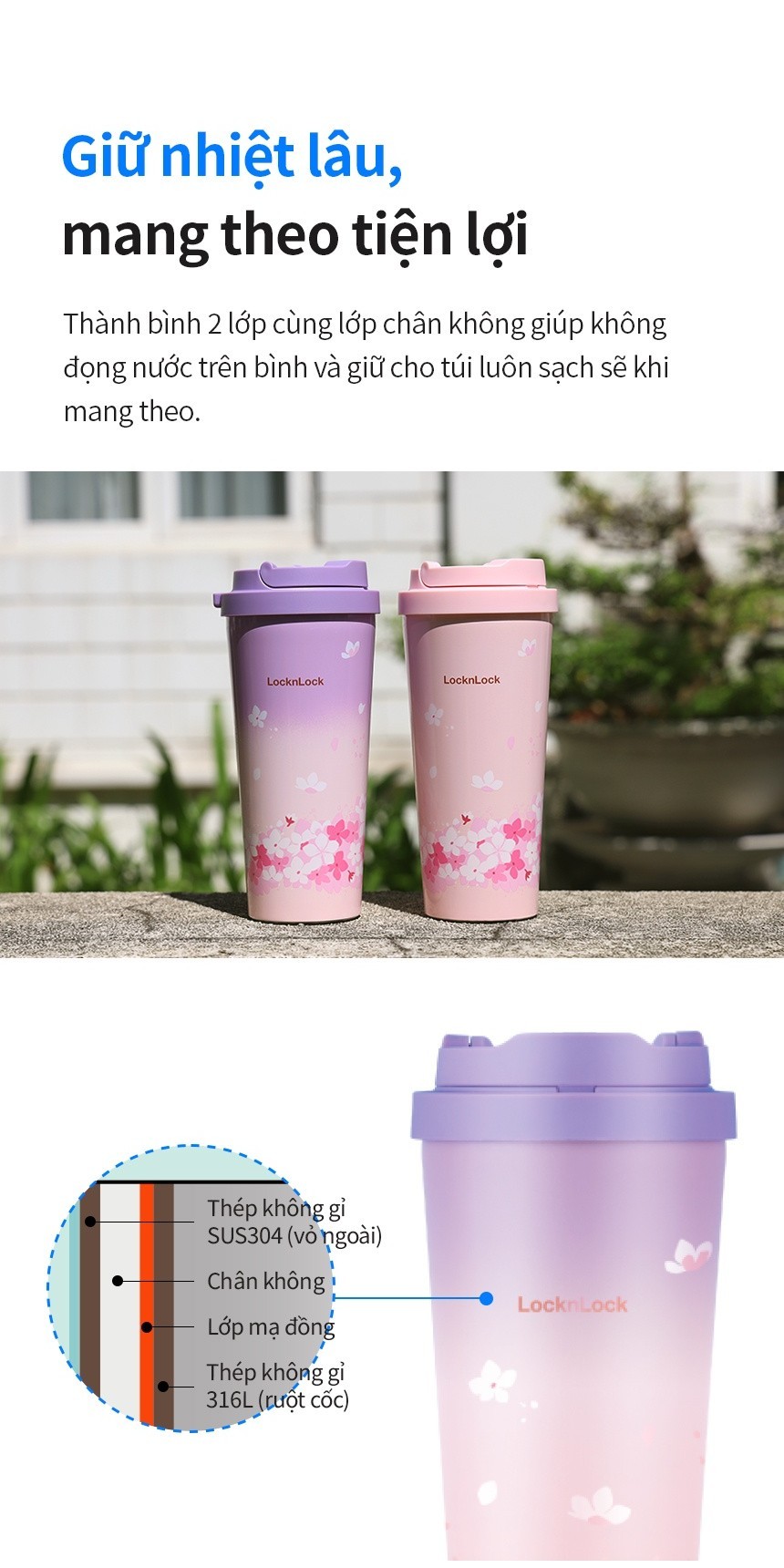 Bình giữ nhiệt Lock&Lock Peach Blossom chi tiết chất liệu