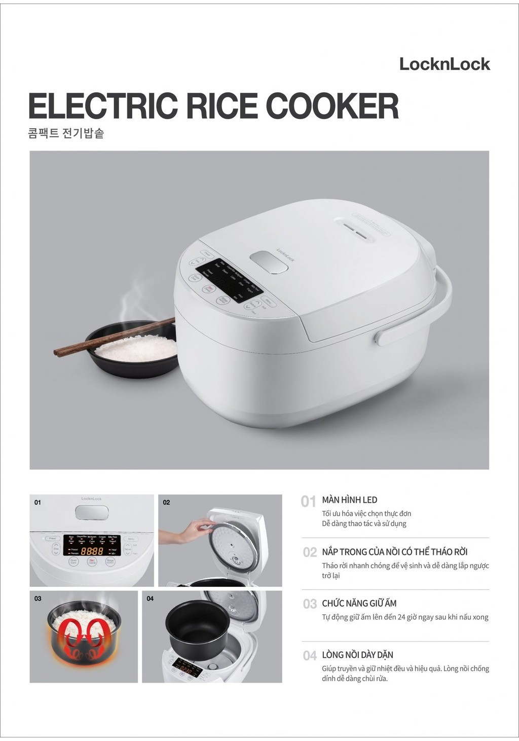 Nồi cơm điện Lock&Lock Electric Rice Cooker 1L Màu trắng EJR311WHT ...