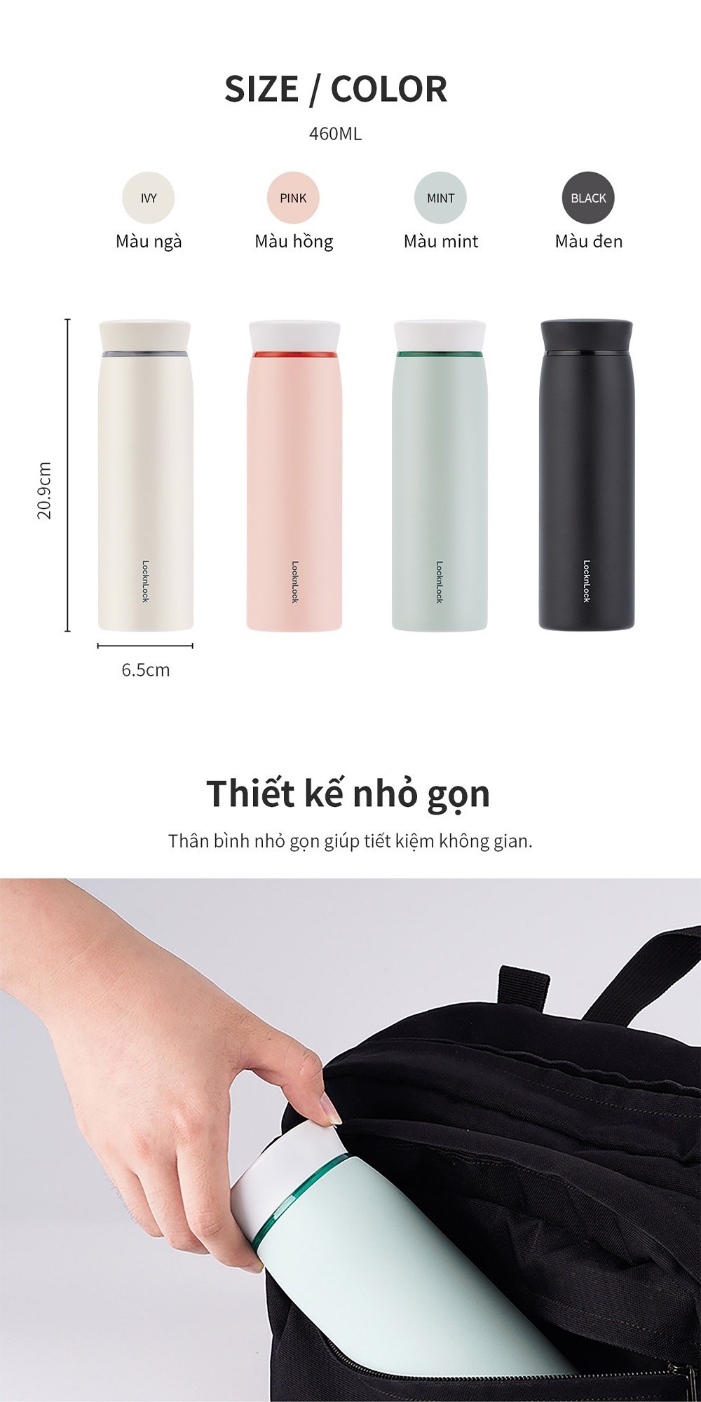 Mô tả Bình giữ nhiệt Feather Light Ring Lock&Lock 460ml - LHC4244 (4 màu) - 2