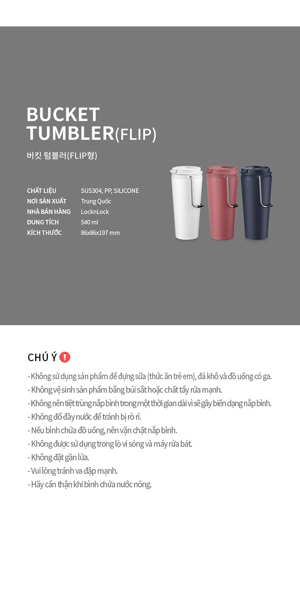 Mô tả Bình giữ nhiệt Lock&Lock Bucket Tumbler 540ml LHC4269 (3 màu) thép không gỉ, quai gập - 5