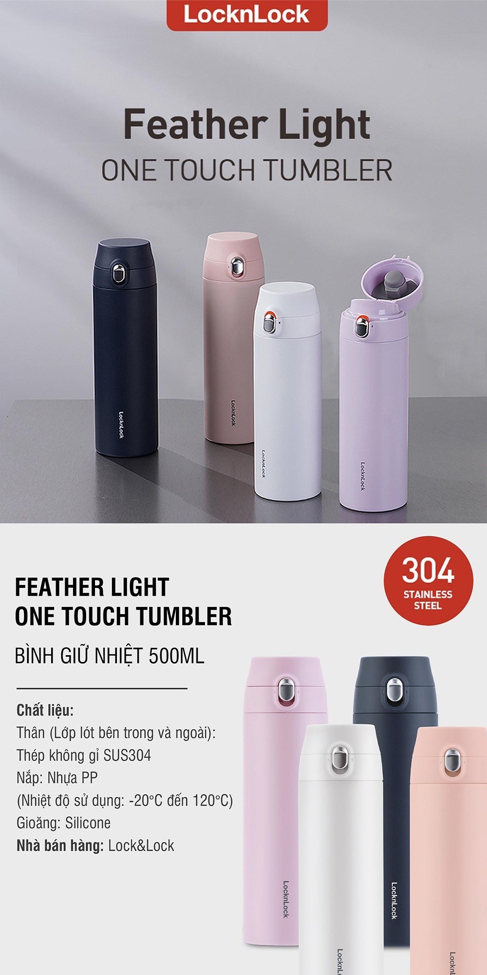 Mô tả Bình giữ nhiệt Lock&Lock Feather Light One Touch 500ml LHC3257 (4 màu) - 1