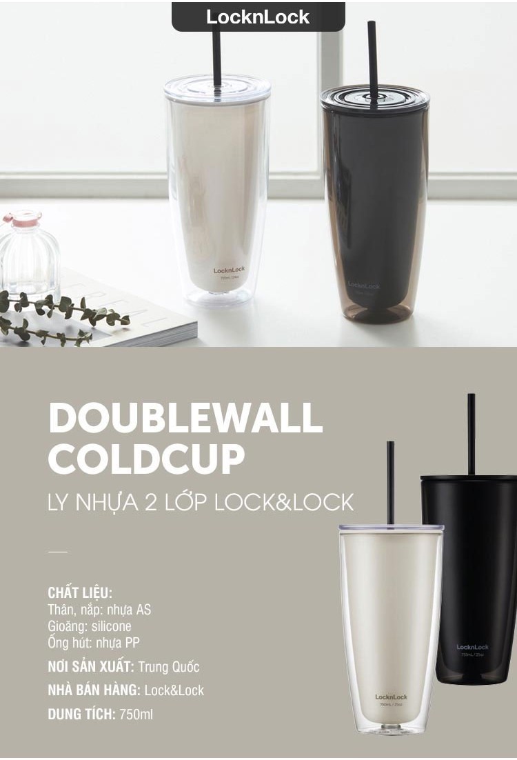 Mô tả Ly nhựa 2 lớp Lock&Lock kèm ống hút 750ml HAP507 - 1