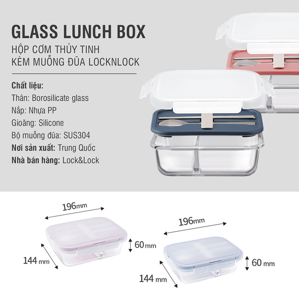 Mô tả Hộp cơm thủy tinh chịu nhiệt chia ngăn kèm muỗng đũa Lock&Lock 930ml LLG991CL (2 màu) - 1