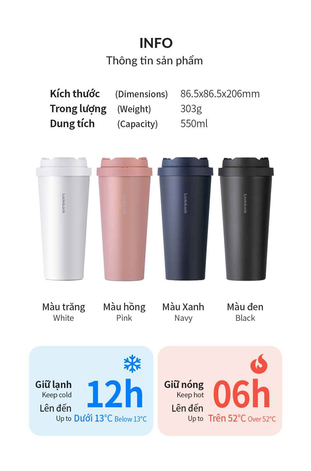 Mô tả Bình giữ nhiệt Lock&Lock Energetic one-touch thép không gỉ 316L 550ml và 400ml - LHC3249 (4 màu) - 2