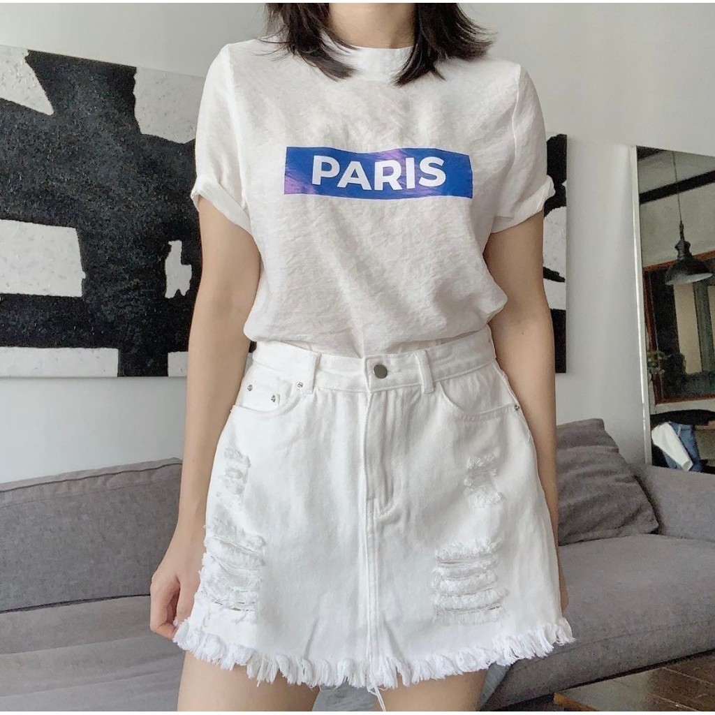 Mô tả COCOSIN - Áo Lụa Trắng In Paris Xanh - 1