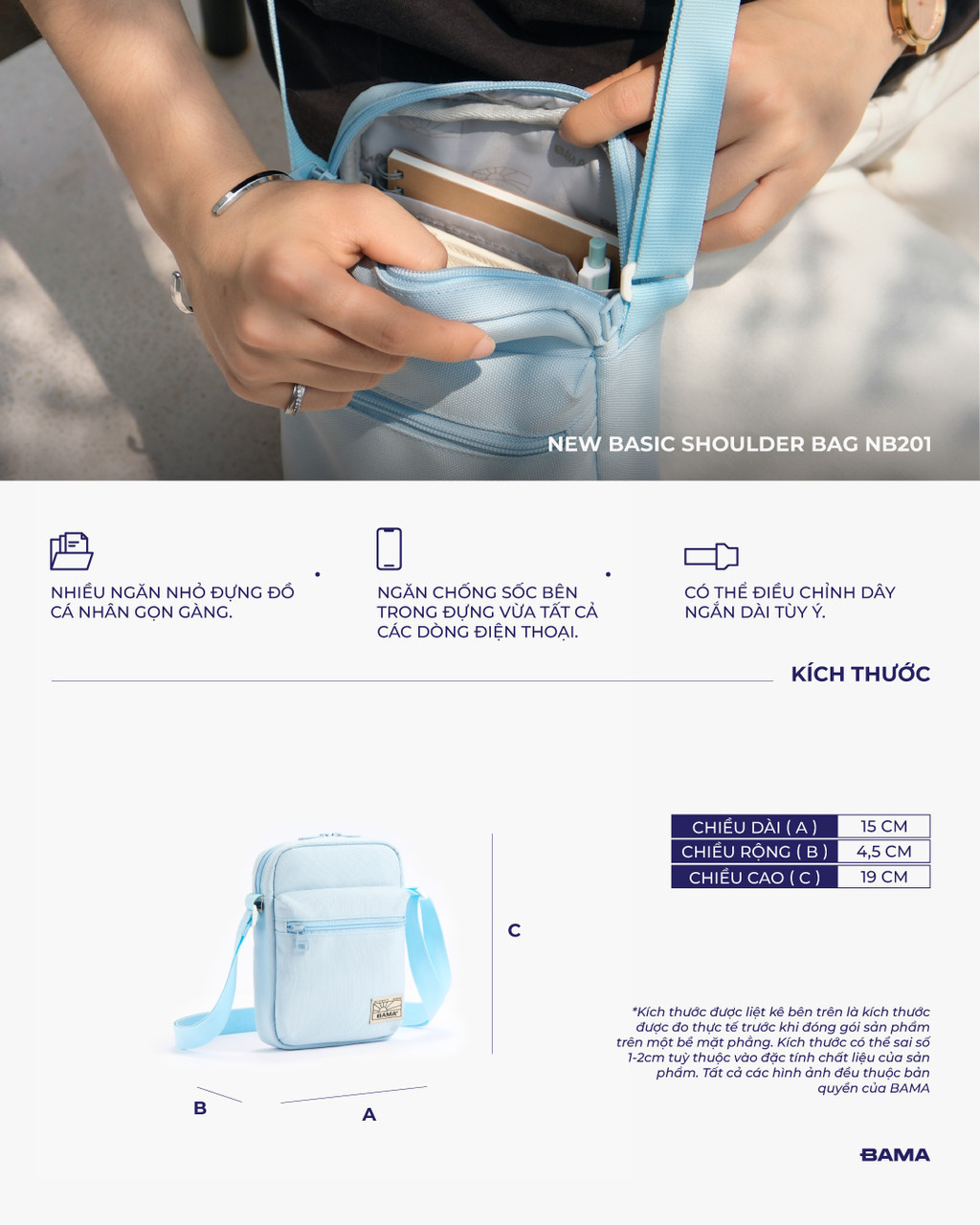 Mô tả Túi đeo chéo nam nữ BAMA New Basic Shoulder Bag NB201 chống nước nhiều ngăn, túi mini vải canvas thời trang - 2