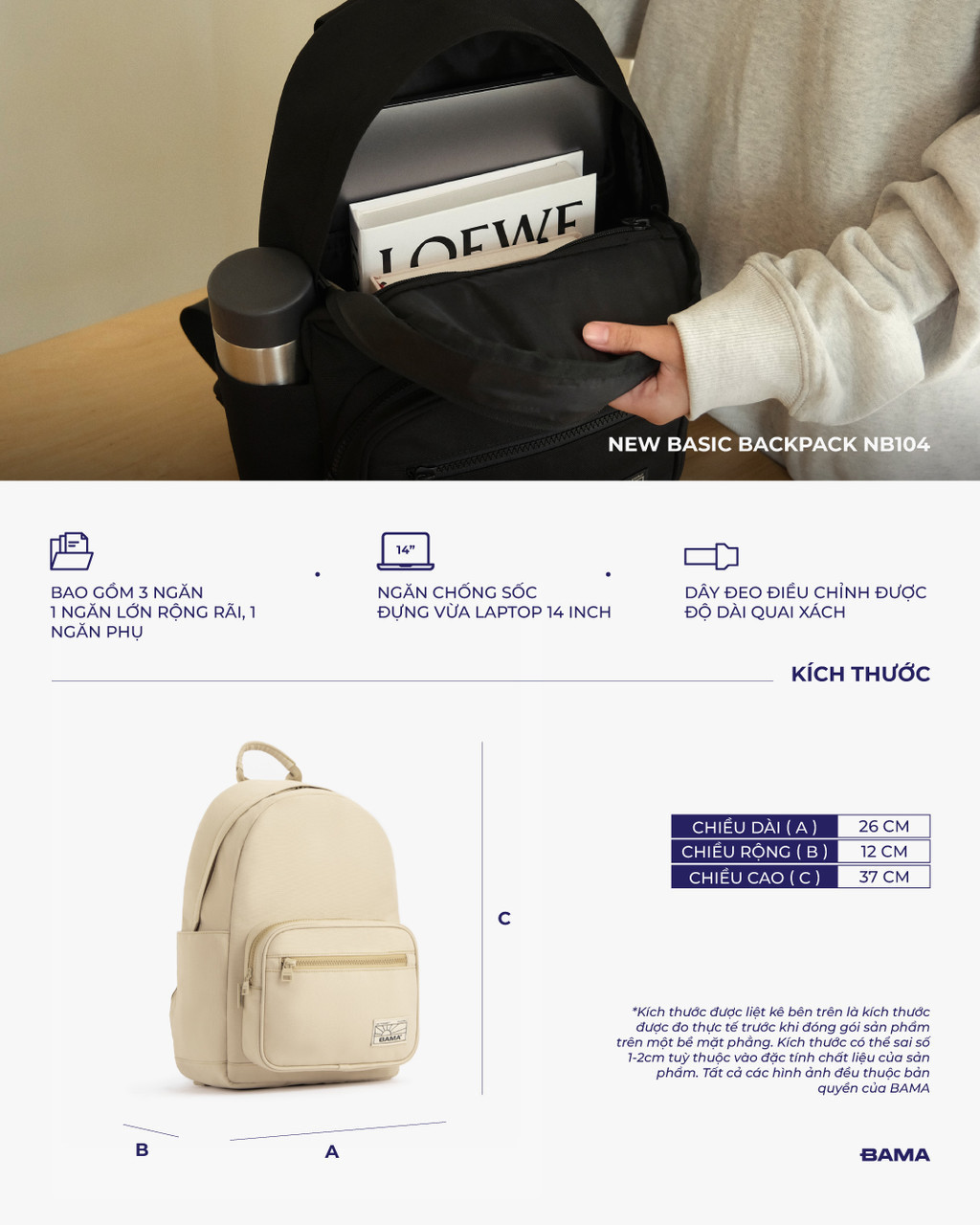 Mô tả Balo nam nữ đi học đi làm BAMA New Basic Backpack NB104 chống nước nhiều ngăn, cặp sách đi học đựng laptop 14 inch - 2