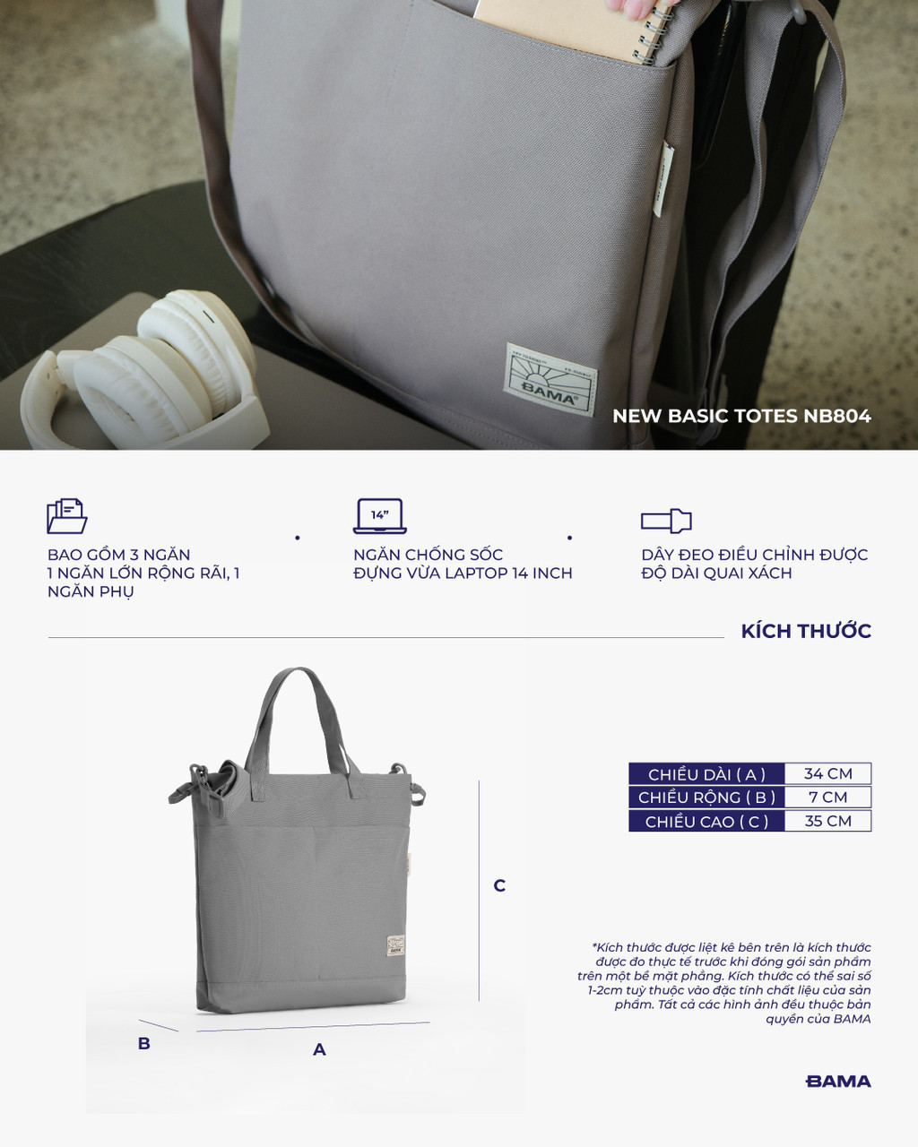 Mô tả Túi tote nữ đi làm BAMA New Basic Totes NB804 thời trang nhiều ngăn túi đeo chéo vải canvas nhiều ngăn thời trang - 2