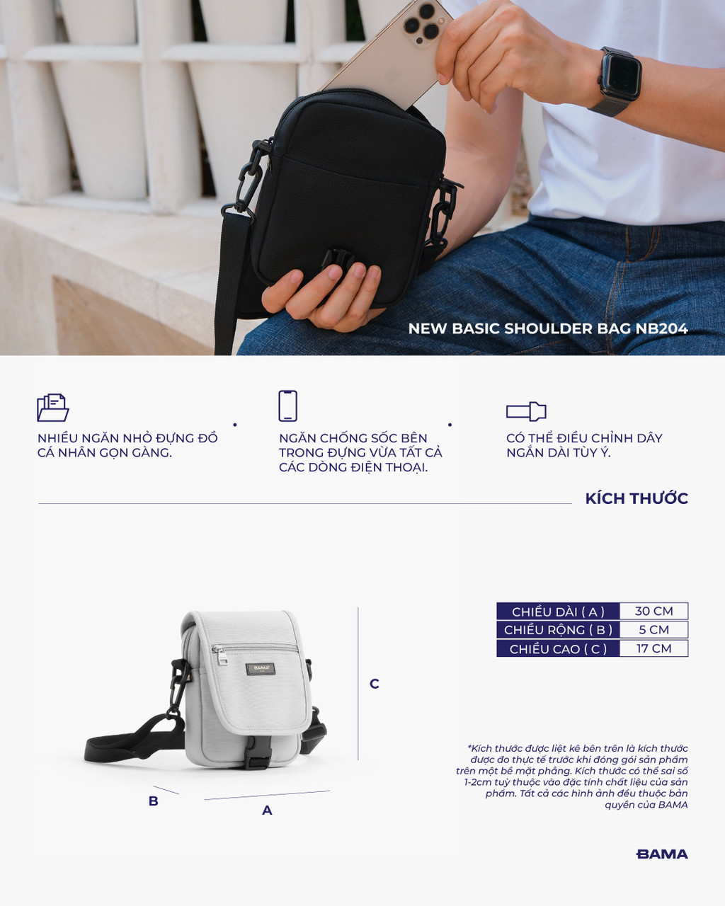 Mô tả Túi đeo chéo nam nữ BAMA New Basic Shoulder Bag NB204 chống nước nhiều ngăn, túi mini vải canvas thời trang - 2