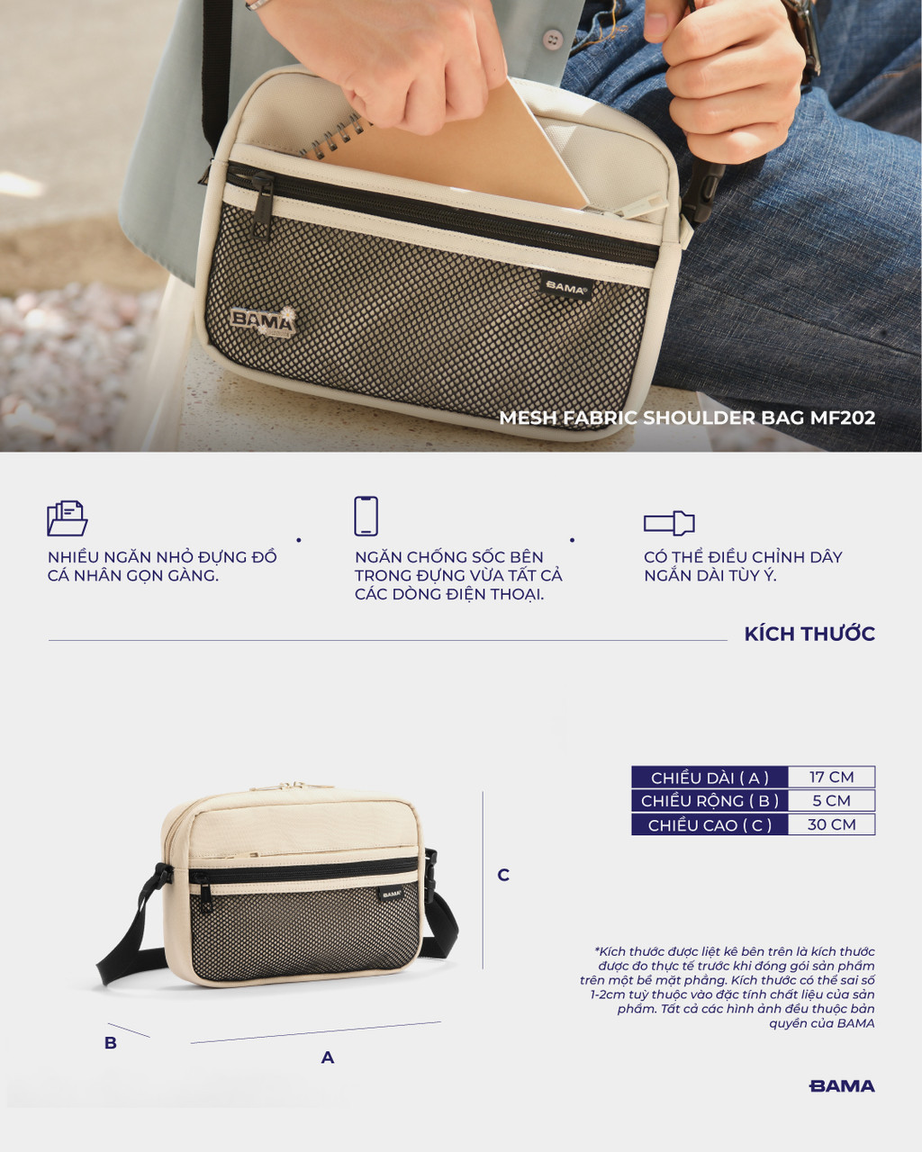 Mô tả Túi đeo chéo nam nữ BAMA Mesh Fabric Shoulder Bag MF202 chống nước nhiều ngăn, túi mini vải canvas thời trang - 2
