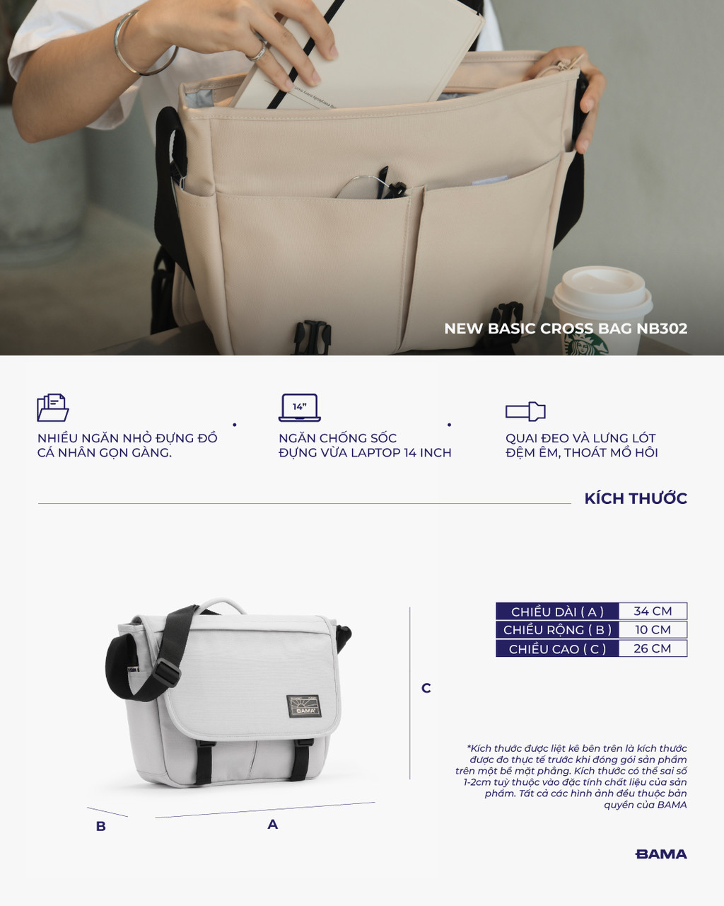 Mô tả Túi đeo chéo đi học đi làm nam nữ BAMA New Basic Cross Bag NB302 chống nước nhiều ngăn cặp đeo chéo nam thời trang - 2