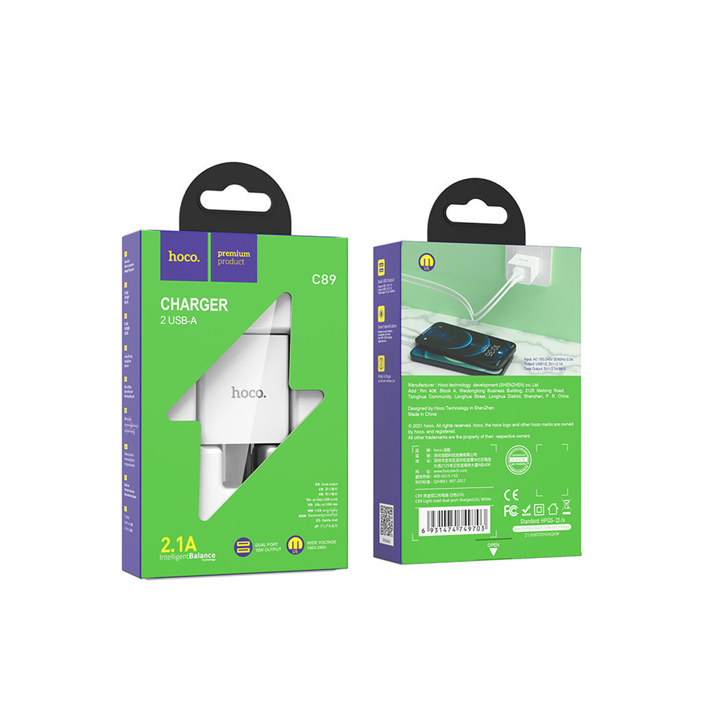 Mô tả Củ sạc Hoco C89 2 cổng USB, sạc nhanh 2.1A Max, thích hợp với nhiều dòng điện thoại, chân cắm tiêu chuẩn US - 2