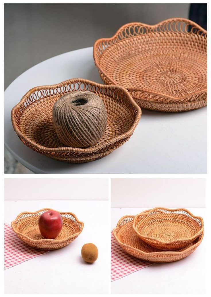 Rổ mây tròn viền hoa ONGTRE đựng hoa quả, đồ khô, decor trang trí ...