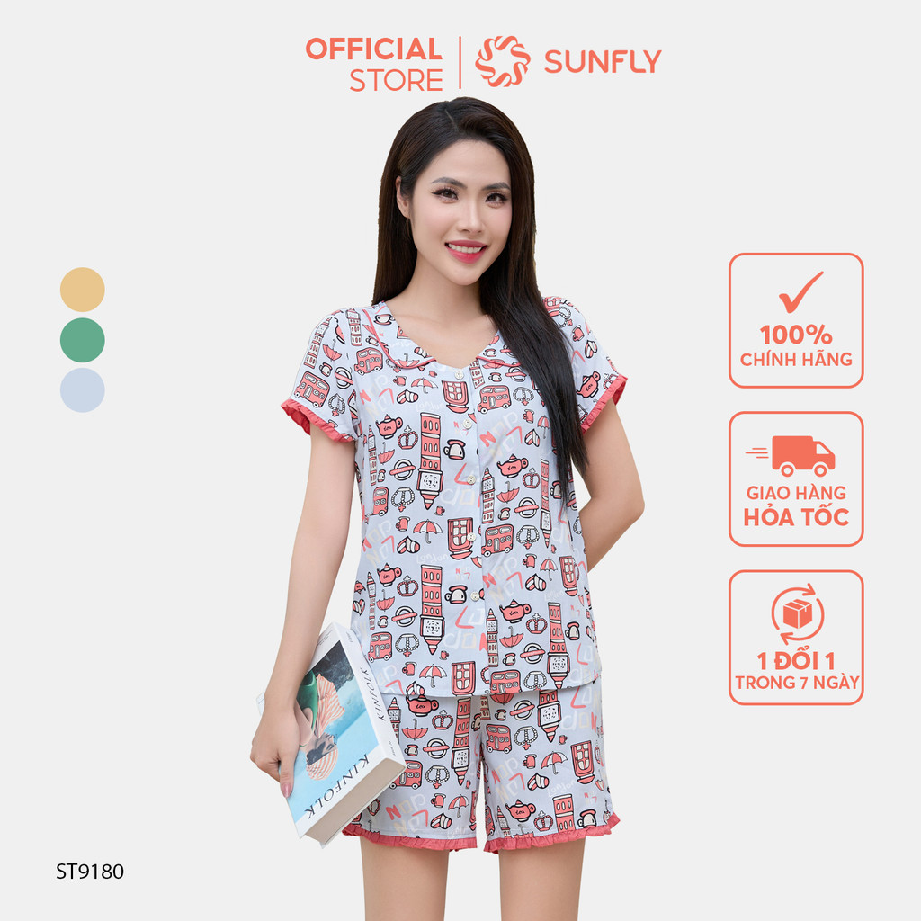 Mô tả Bộ pijamas nữ SUNFLY chất lanh ht độc quyền dáng áo cộc quần sooc ST9180 - 1