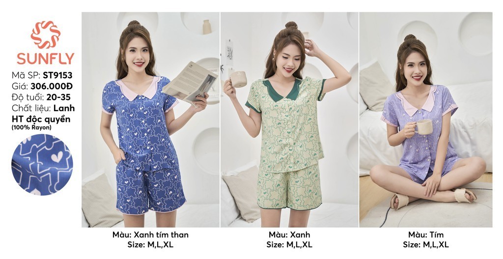 Mô tả Bộ pijamas nữ SUNFLY chất lanh ht độc quyền áo cộc quần sooc ST9153 - 3