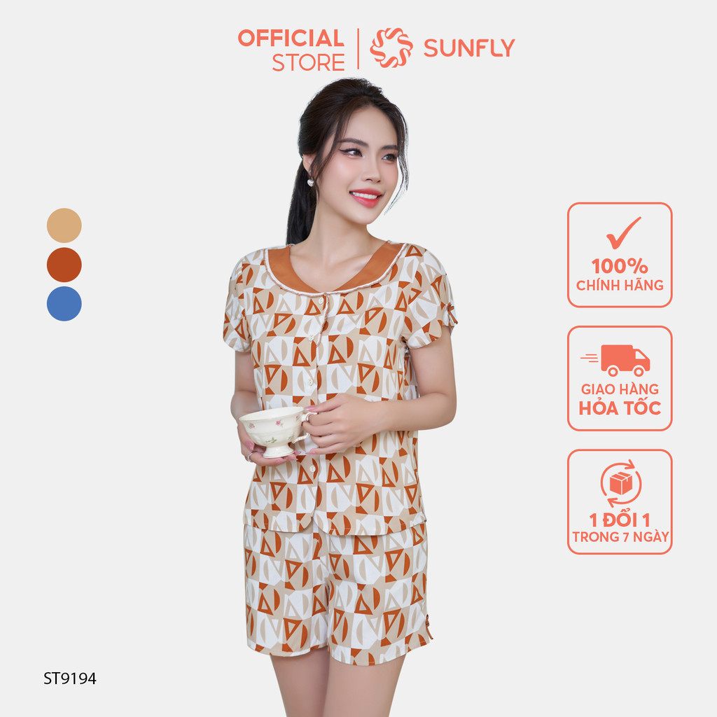 Mô tả Bộ pijamas nữ SUNFLY chất lanh lụa ht dáng áo cộc quần sooc ST9194 - 1